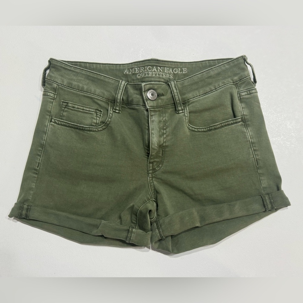American Eagle Mid-Rise Khaki Green Midi Shorts